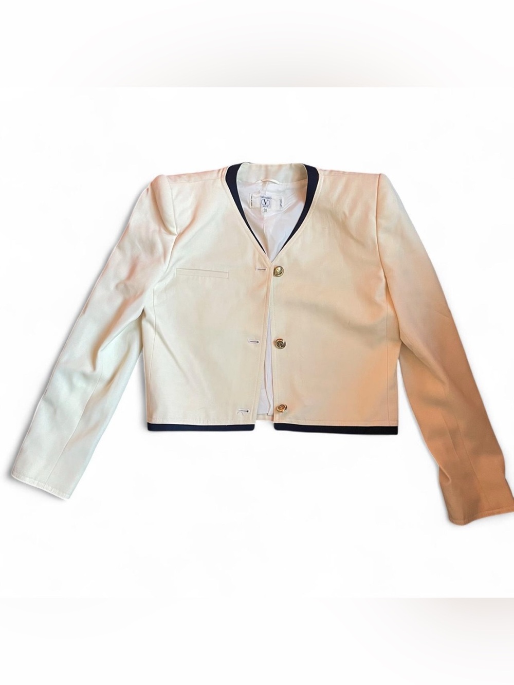 Vintage women’s Valentino “Miss V” cropped blazer in cream and navy size 38